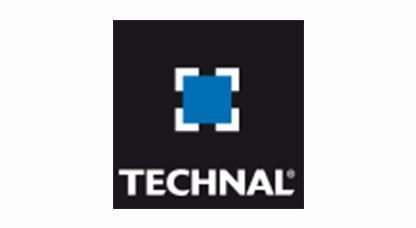 Logo de Technal : carré noir avec un carré bleu central cerclé de blanc, et le nom TECHNAL en dessous, en blanc.