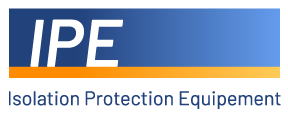 Logo  IPE en lettres blanches sur fond bleu et orange