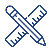 Un crayon bleu et une règle croisés, représentant le dessin et la mesure.