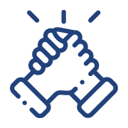 Deux mains bleues jointes, symbolisant le travail d'équipe ou l'accord, avec des lignes rayonnantes au-dessus.