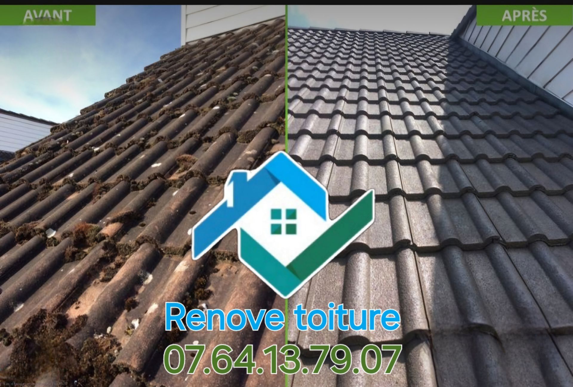 Démoussage de tuile, avant après