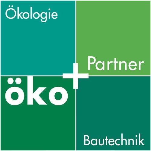 Grünes und türkisfarbenes Öko Partner Bautechnik-Logo mit weißem Kreuz und Text