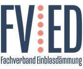 FVED-Logo mit blauen Buchstaben, korallenroten Punkten und dem Text „Fachverband Einblasdämmung“