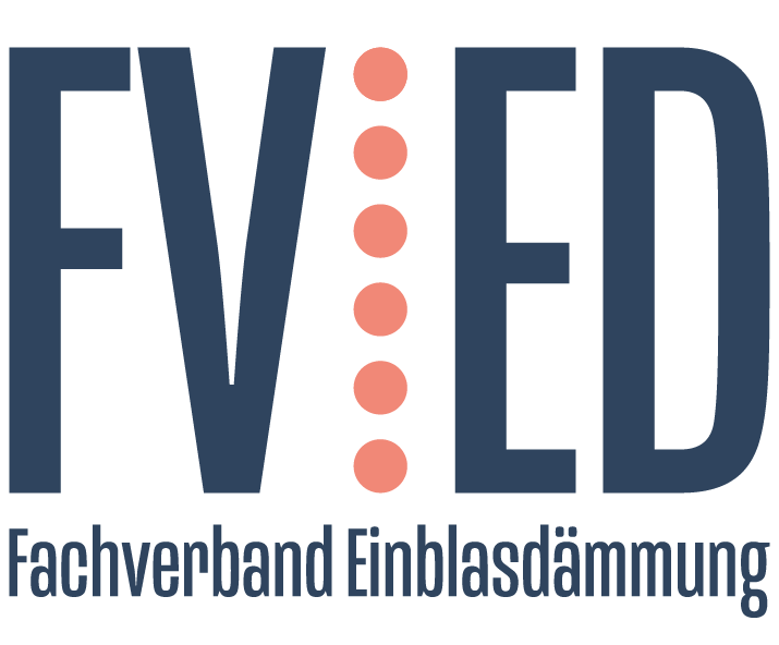 FVED-Logo mit blauen Buchstaben, korallenroten Punkten und dem Text „Fachverband Einblasdämmung“