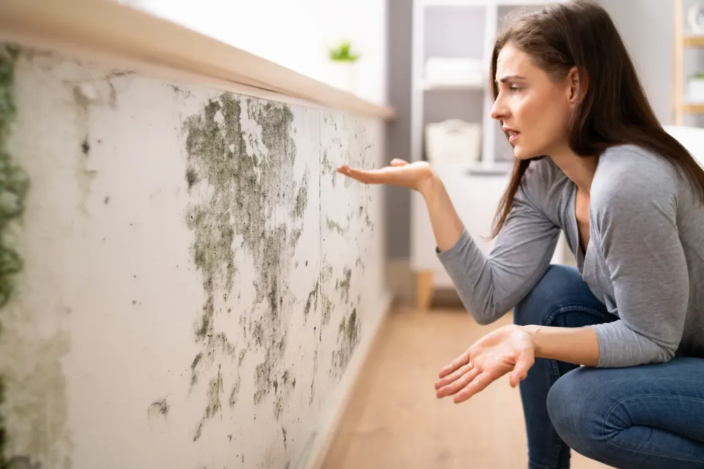 Eine Frau untersucht Schimmel an einer Wand in einem hellen Raum