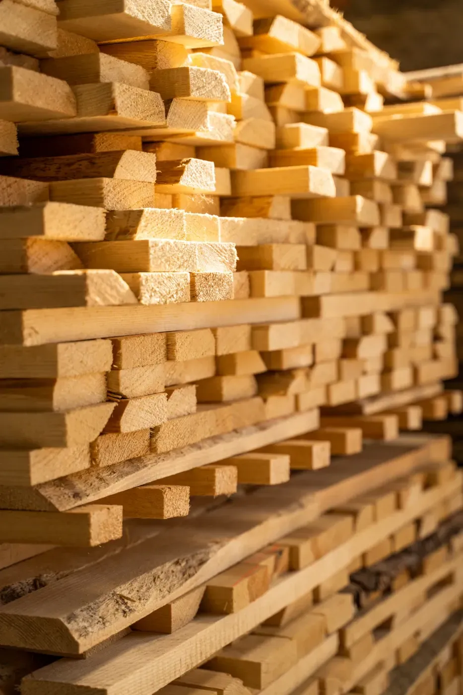 Stapel von zugeschnittenen Holzbrettern, die in einem Sägewerk oder einer Werkstatt aufgestapelt sind.