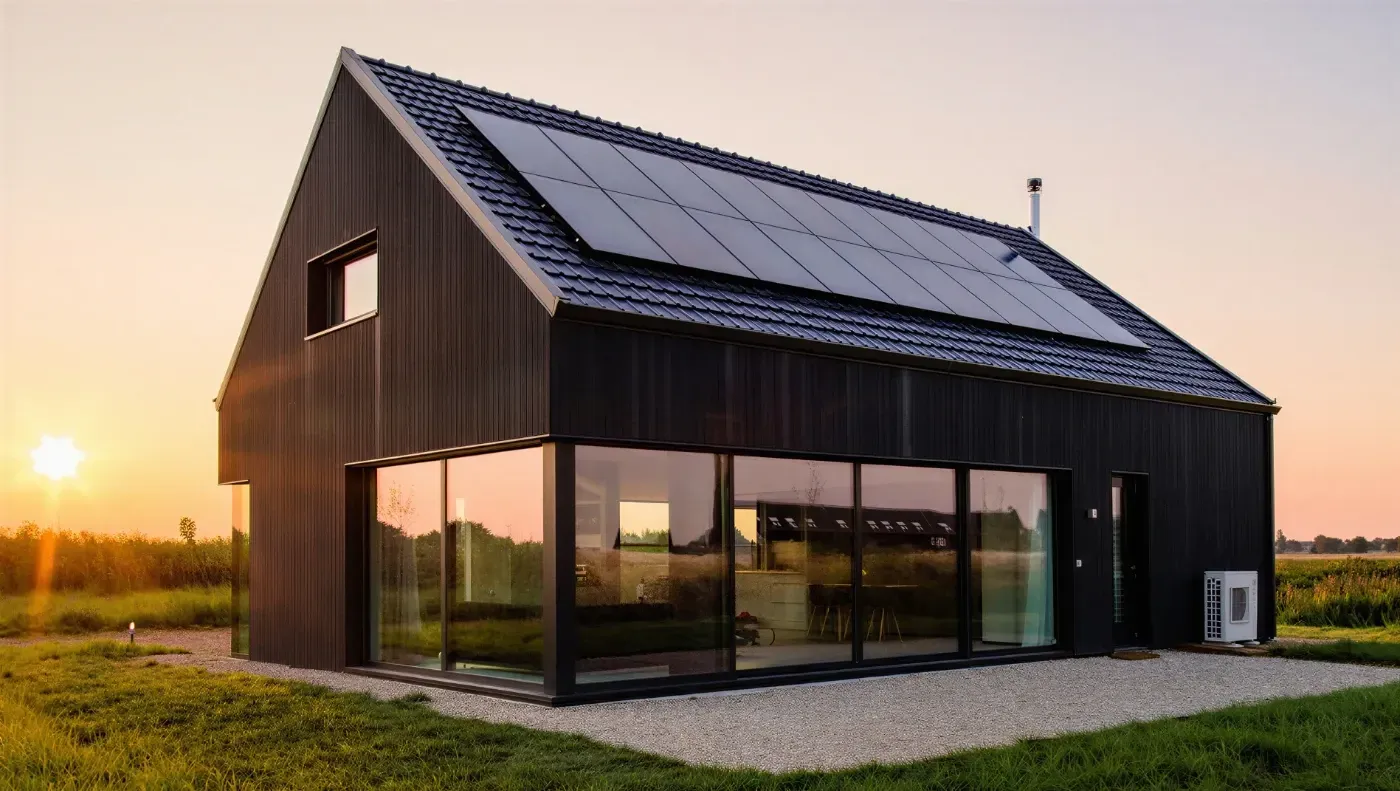 Modernes schwarzes Haus mit Solarpaneelen im Sonnenuntergang, große Fenster spiegeln ein grasbewachsenes Feld wider