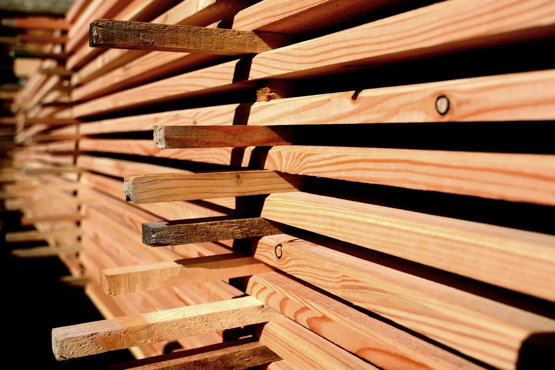 Gestapelte Holzplanken in einem Sägewerk, perspektivisch betrachtet in warmen Orangetönen.