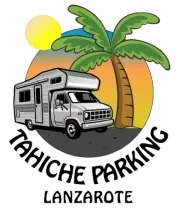 Un logotipo para Tahiche Parking Lanzarote con una autocaravana y una palmera.