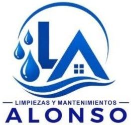 Logo azul y blanco de Limpiezas y Mantenimientos Alonso con gotas de agua y una casa estilizada