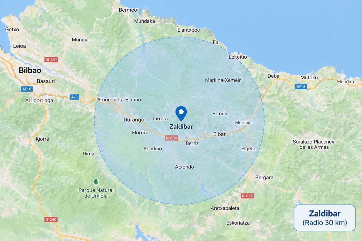 Mapa de la zona de Zaldibar con un marcador azul que señala un círculo de 2000 km.