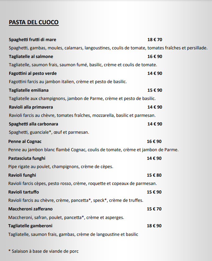 Carte des pâtes italiennes du restaurant