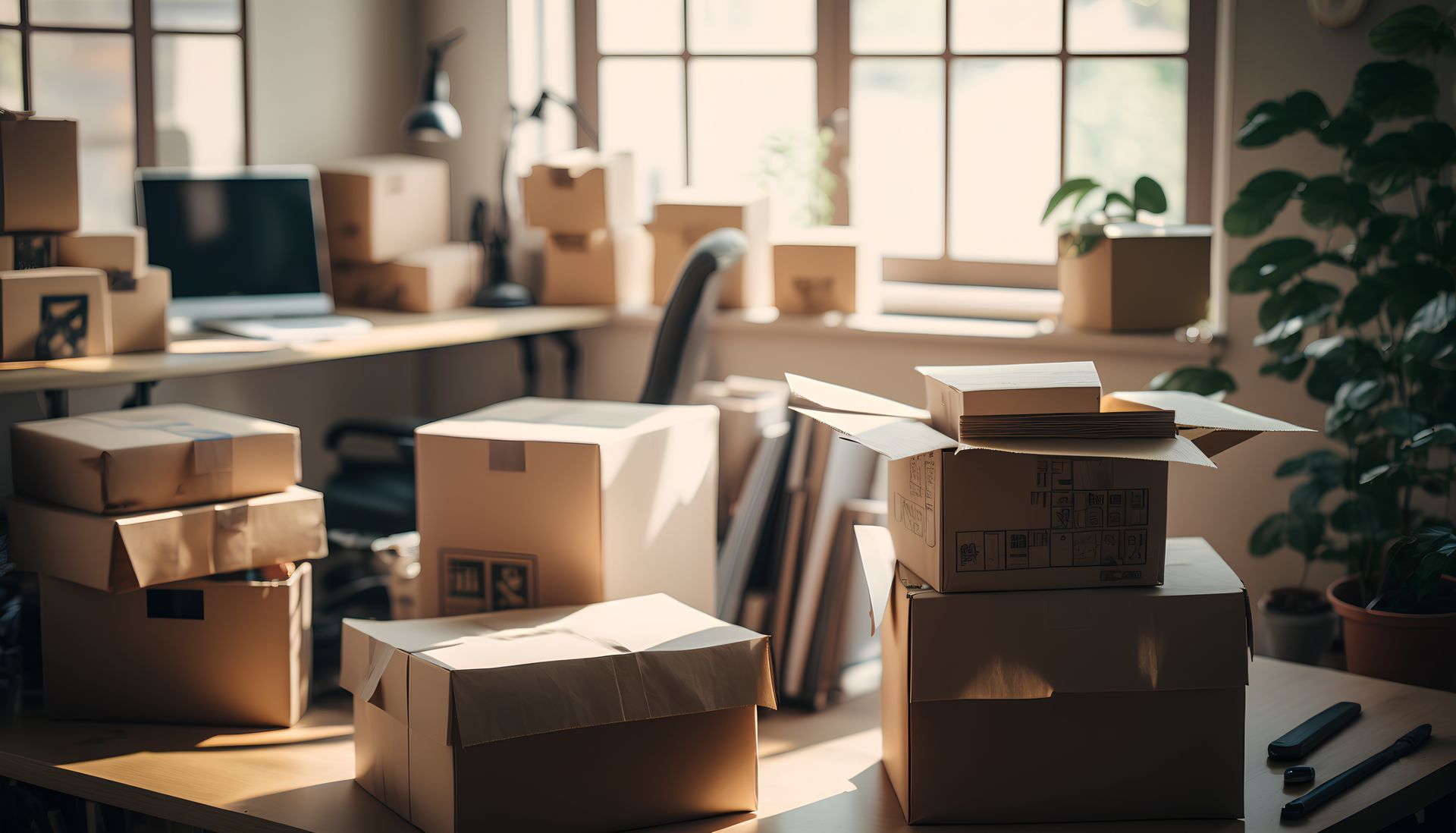 Un montón de cajas de cartón están apiladas una encima de otra sobre un escritorio.