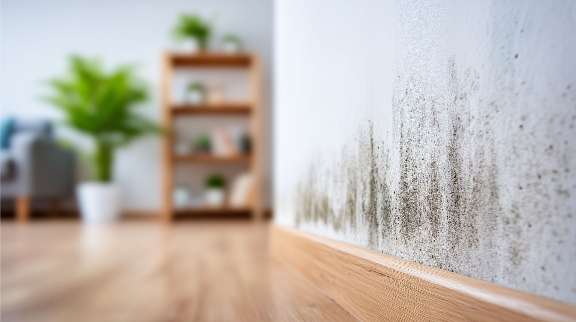 De la moisissure se développe sur un mur blanc au-dessus d'un parquet dans une pièce lumineuse aux plantes et étagères aux contours flous.