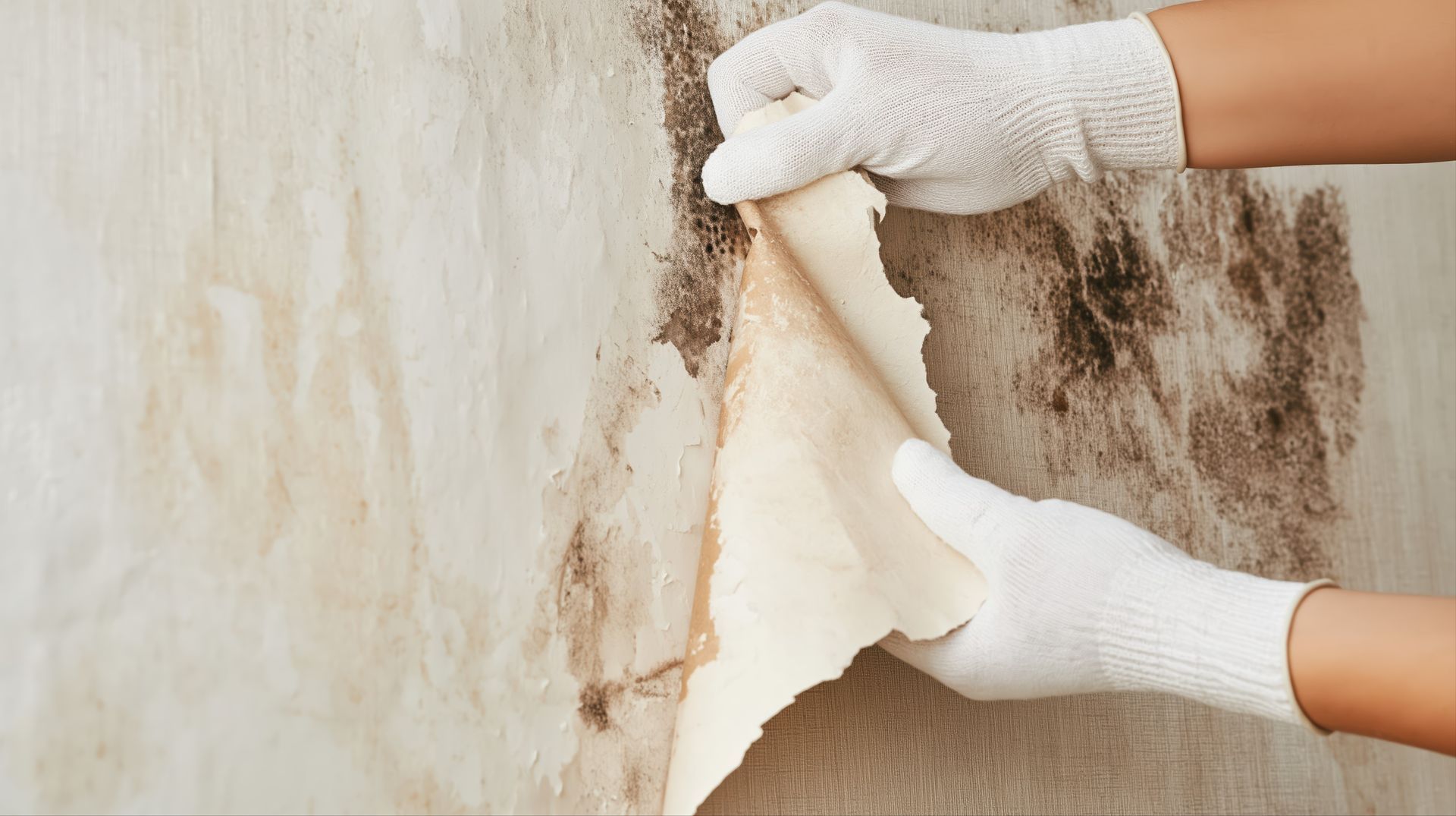 Des mains gantées décollent du papier peint abîmé d'un mur taché de moisissure.