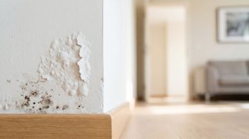 Peinture blanche écaillée et moisissures près d'une plinthe dans un salon lumineux.