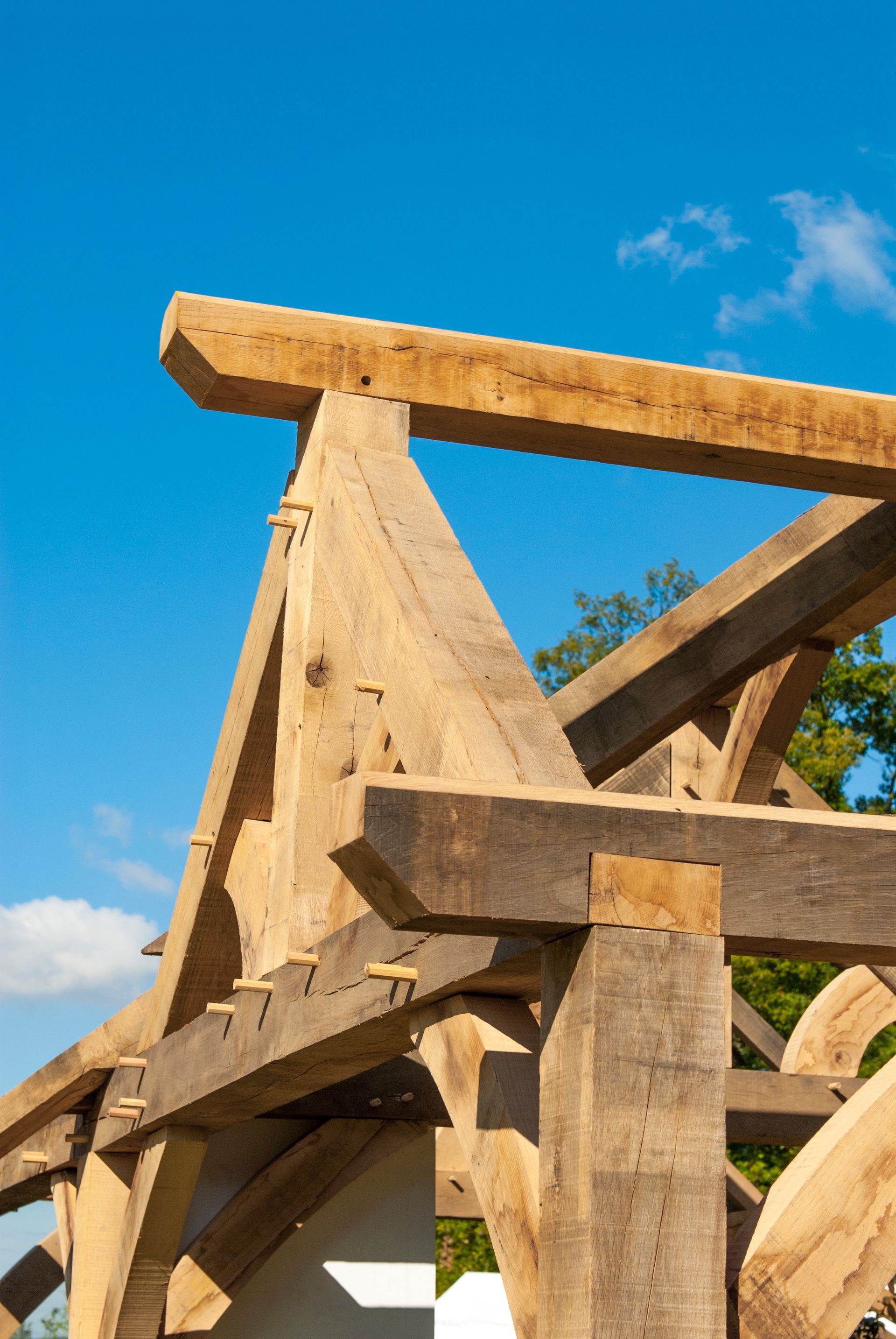 Gros plan d'une structure à ossature bois sur fond de ciel bleu éclatant
