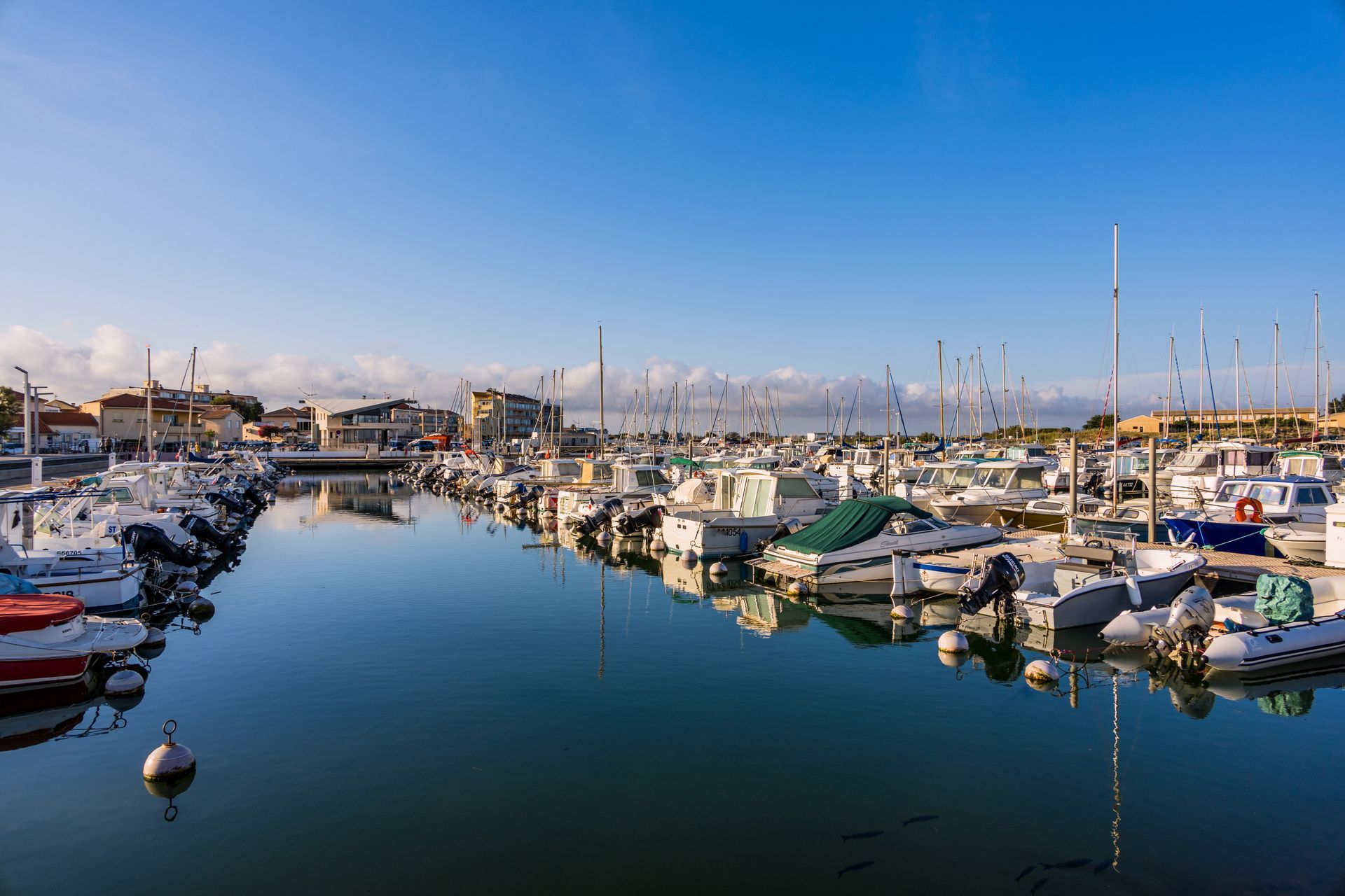 Marina enneigée avec des voiliers et une eau bleue calme sous un ciel dégagé