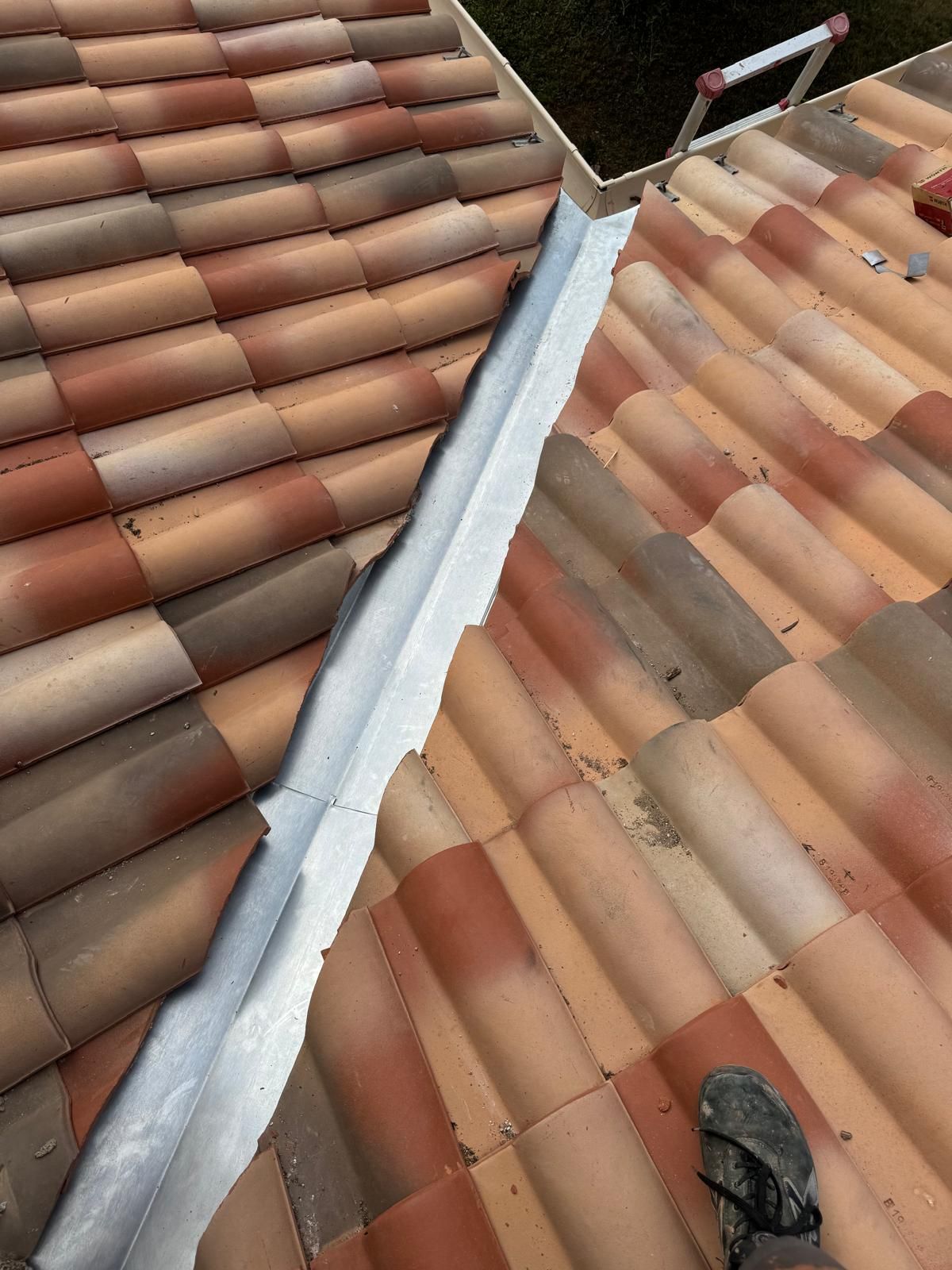 Des ouvriers remplacent des bardeaux clairs sur un toit, à côté d'un toit en tuiles noires et d'une façade de maison blanche.