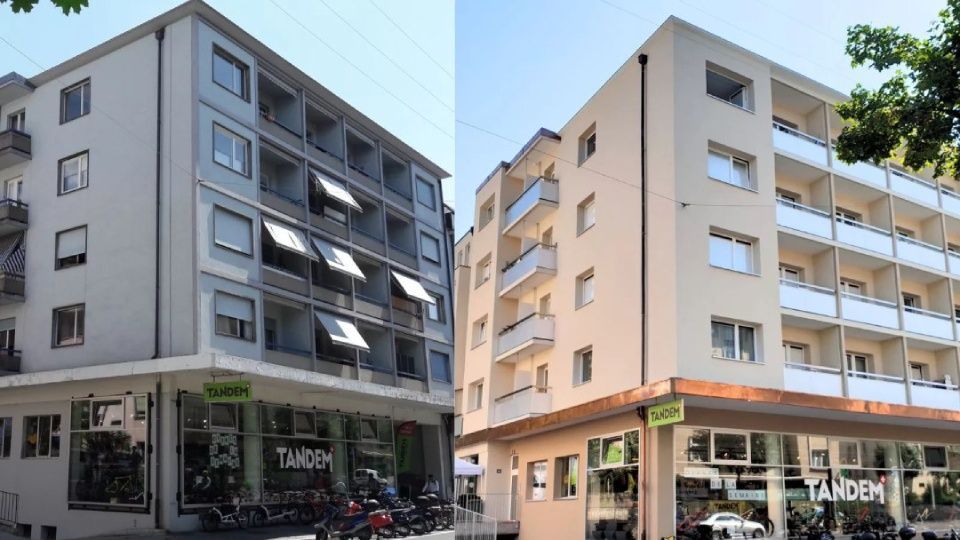 Deux bâtiments dont l'un porte le mot tandem