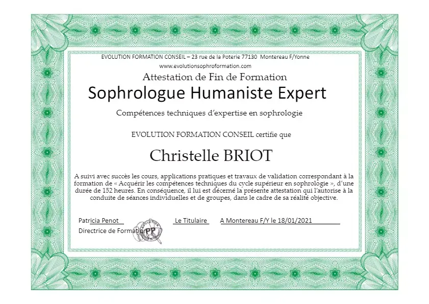 Diplôme de Sophrologue Humaniste Expert