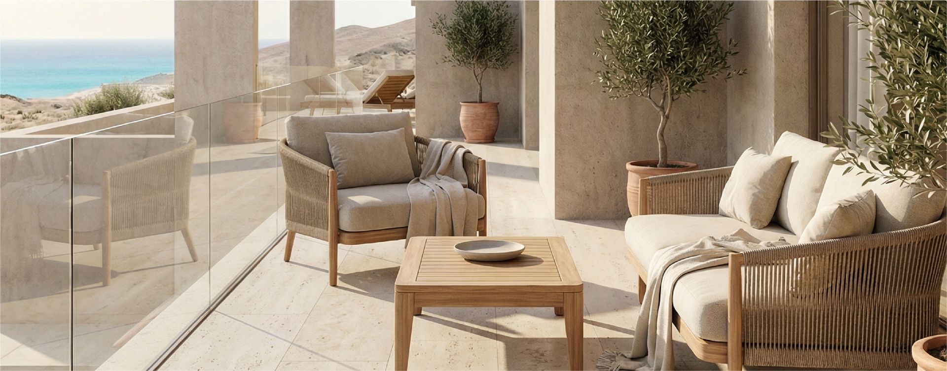 Balcony with wooden outdoor furniture