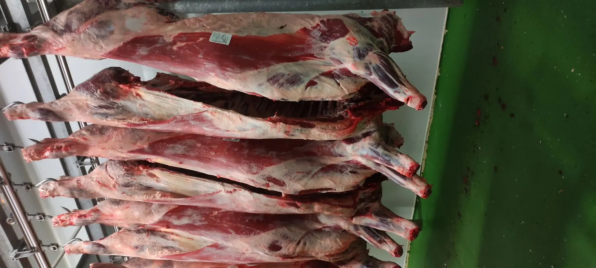 Un montón de carne colgando del techo de una habitación.