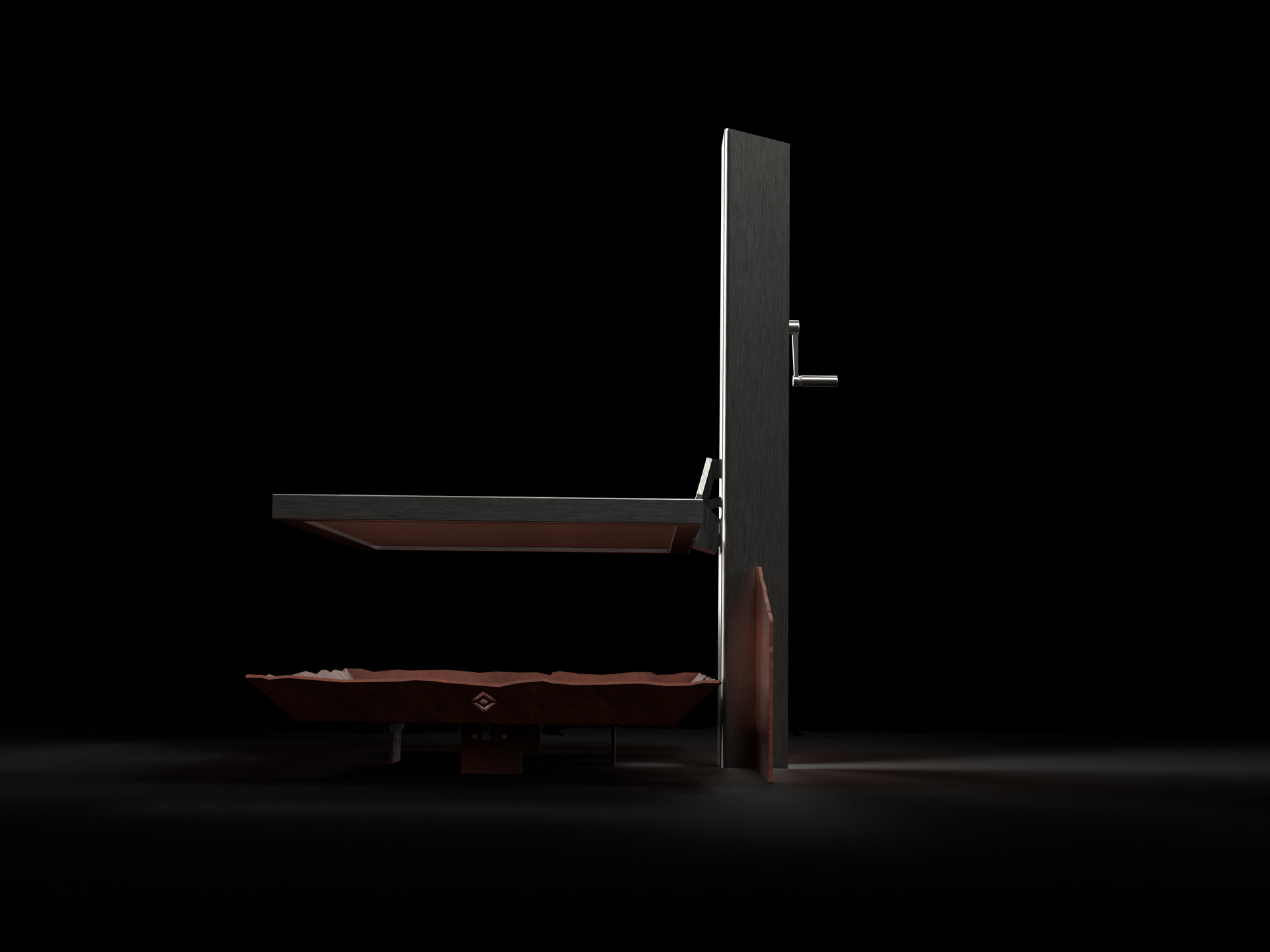 Ein rostiger Außengrill mit einem hohen silbernen Schornstein vor schwarzem Hintergrund.