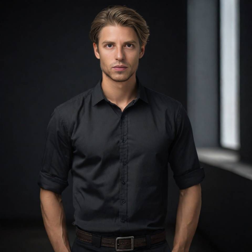 Mann in schwarzem Hemd, blondes Haar, nach vorne blickend, vor dunklem Hintergrund.