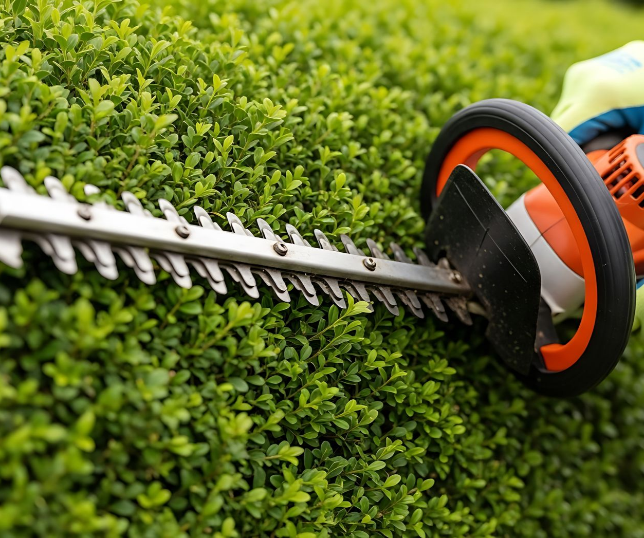 Terrasse en bois et pelouse verdoyante dans un jardin paysager avec sièges et plantes.