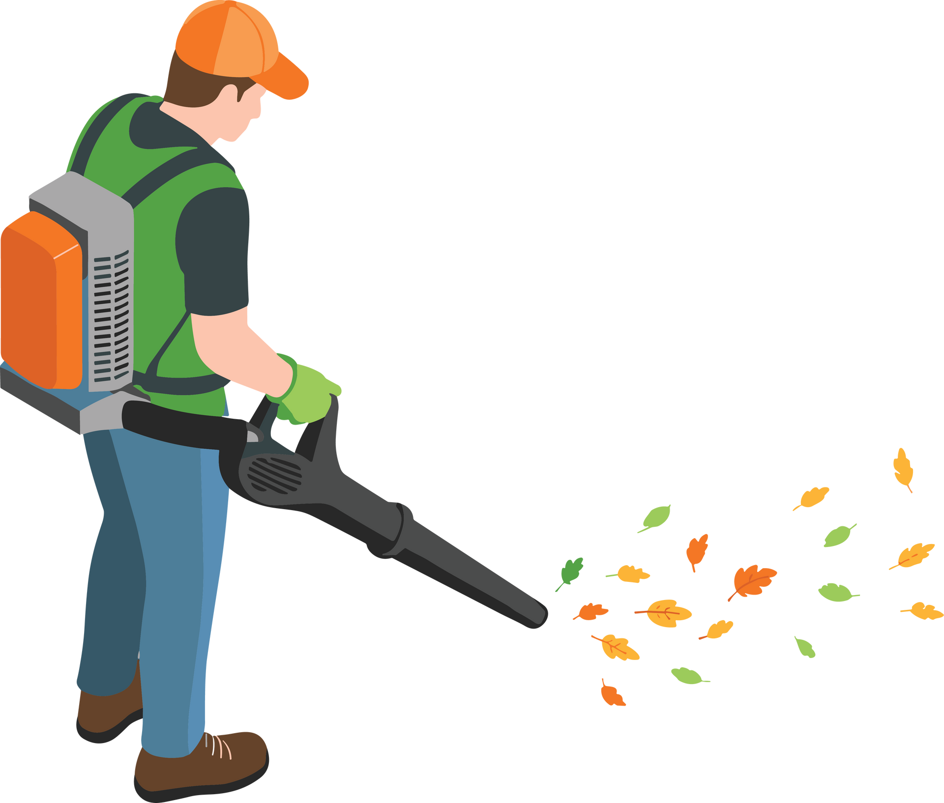 Personne utilisant un souffleur de feuilles, soufflant des feuilles.