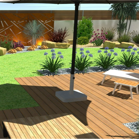 Représentation visuelle d'un jardin moderne avec piscine, terrasse et aménagement paysager.