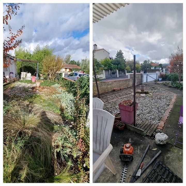 Deux photos verticales l'une contre l'autre : une montre un jardin avec des mauvaises herbes et l'autre montre ce même jardin nettoyé