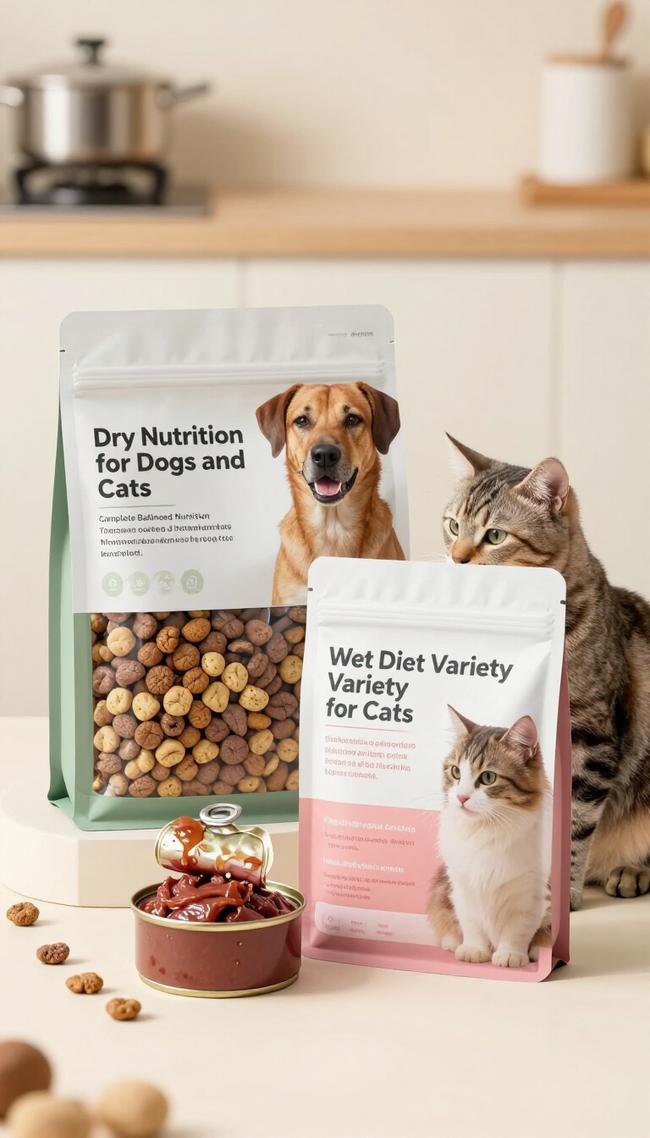Bolsas de comida para perros y gatos sobre la encimera de la cocina, con un cuenco de croquetas delante.