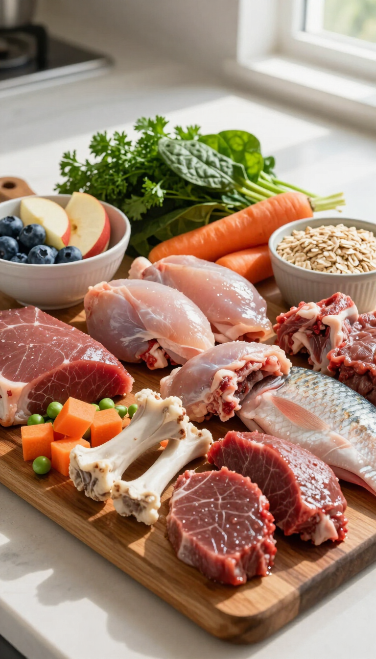 Variedad de carnes crudas, pescado, huevos, cereales, bayas y verduras dispuestas sobre una tabla de madera cerca de una ventana.