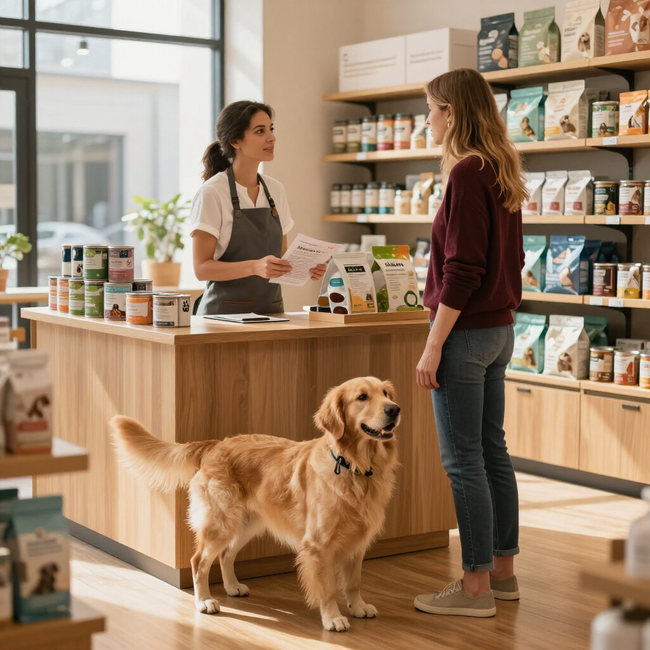 Una mujer conversa con un dependiente en una tienda de mascotas mientras un golden retriever permanece a su lado.