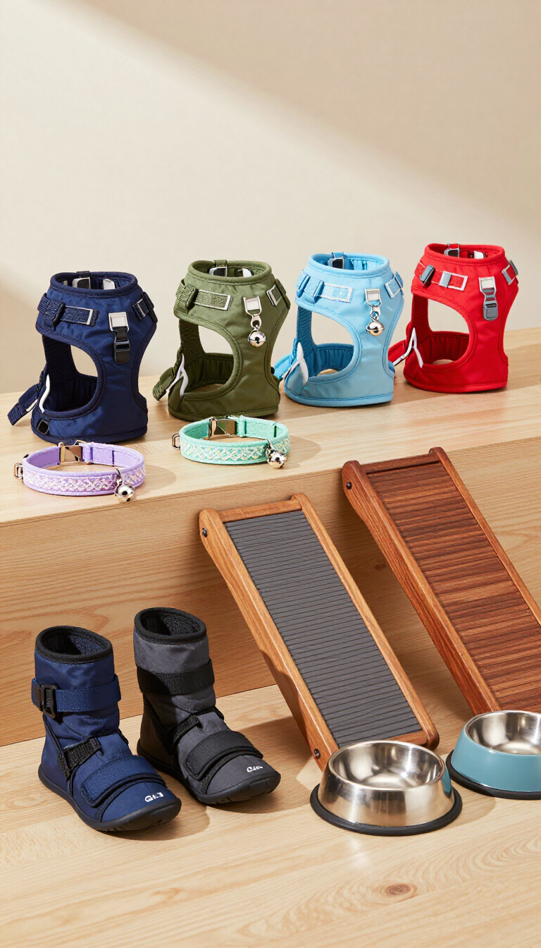 Botitas y accesorios de alimentación para mascotas en miniatura, dispuestos sobre un suelo de madera en colores azul, verde, cian y rojo.