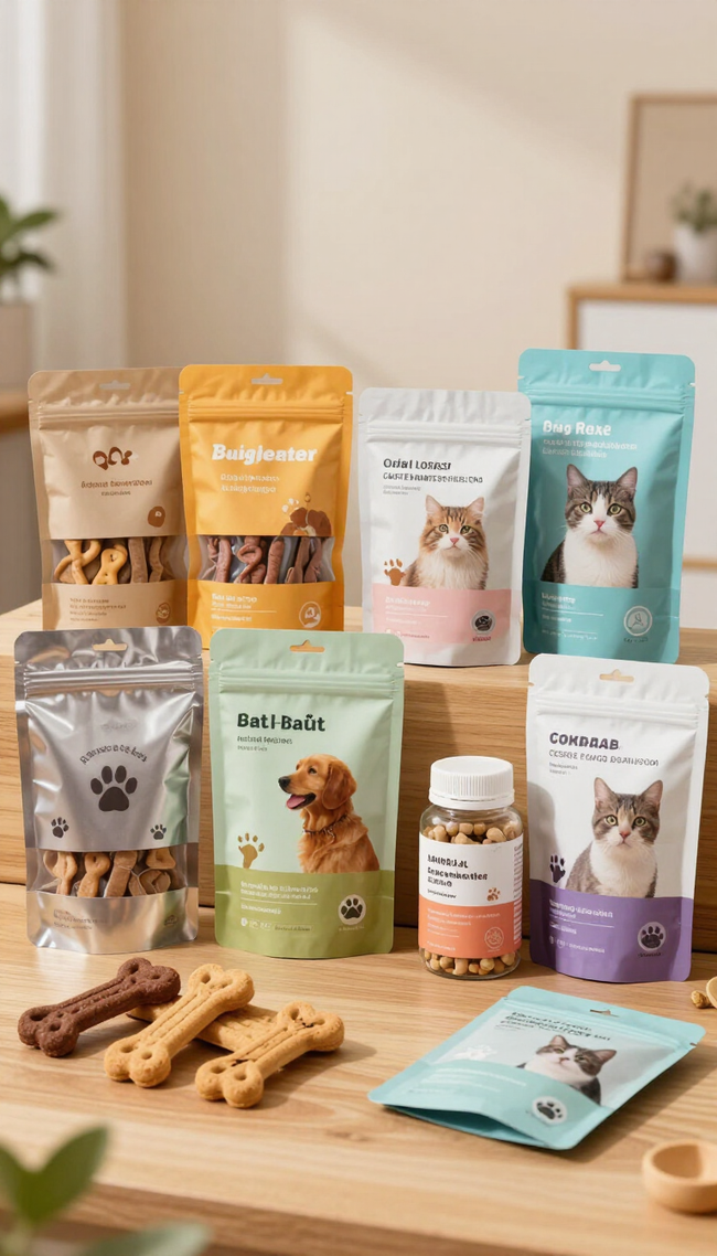 Variedad de golosinas para gatos y bolsitas y tarros de comida para mascotas dispuestos sobre una mesa de madera.