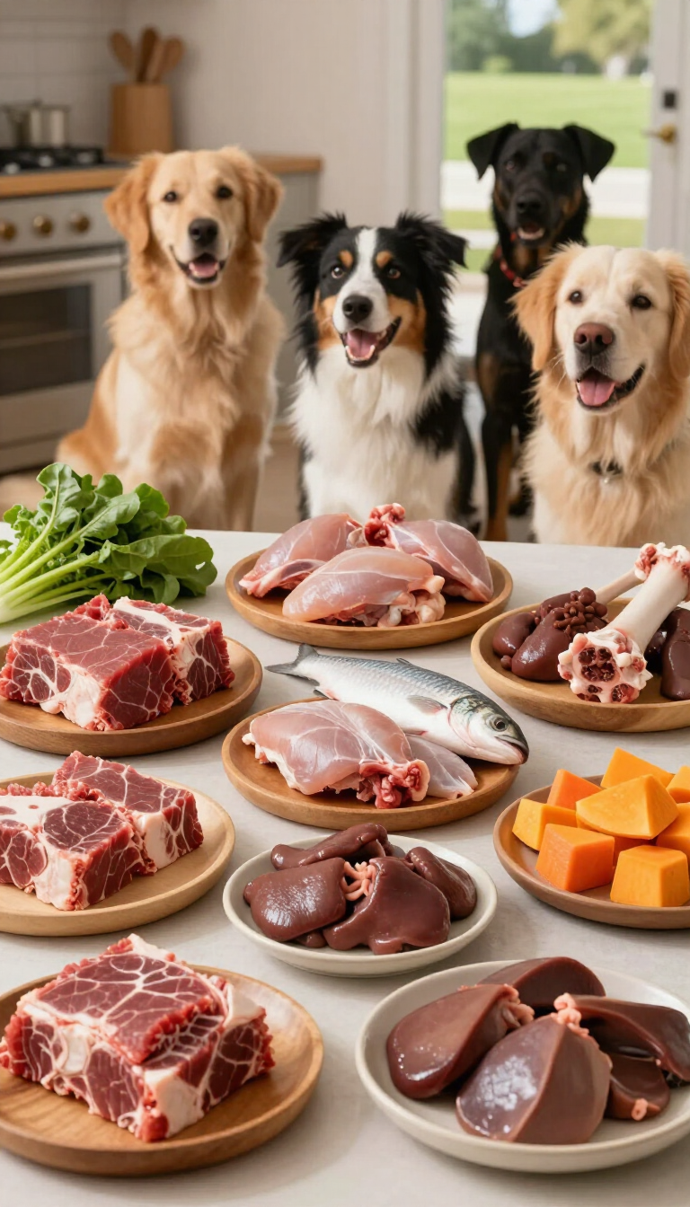 Variedad de carnes crudas, pescado, huevos, cereales, bayas y verduras dispuestas sobre una tabla de madera cerca de una ventana.
