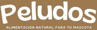Peludos logo in white on a brown background, with the slogan “Alimentación natural para tu mascota.”