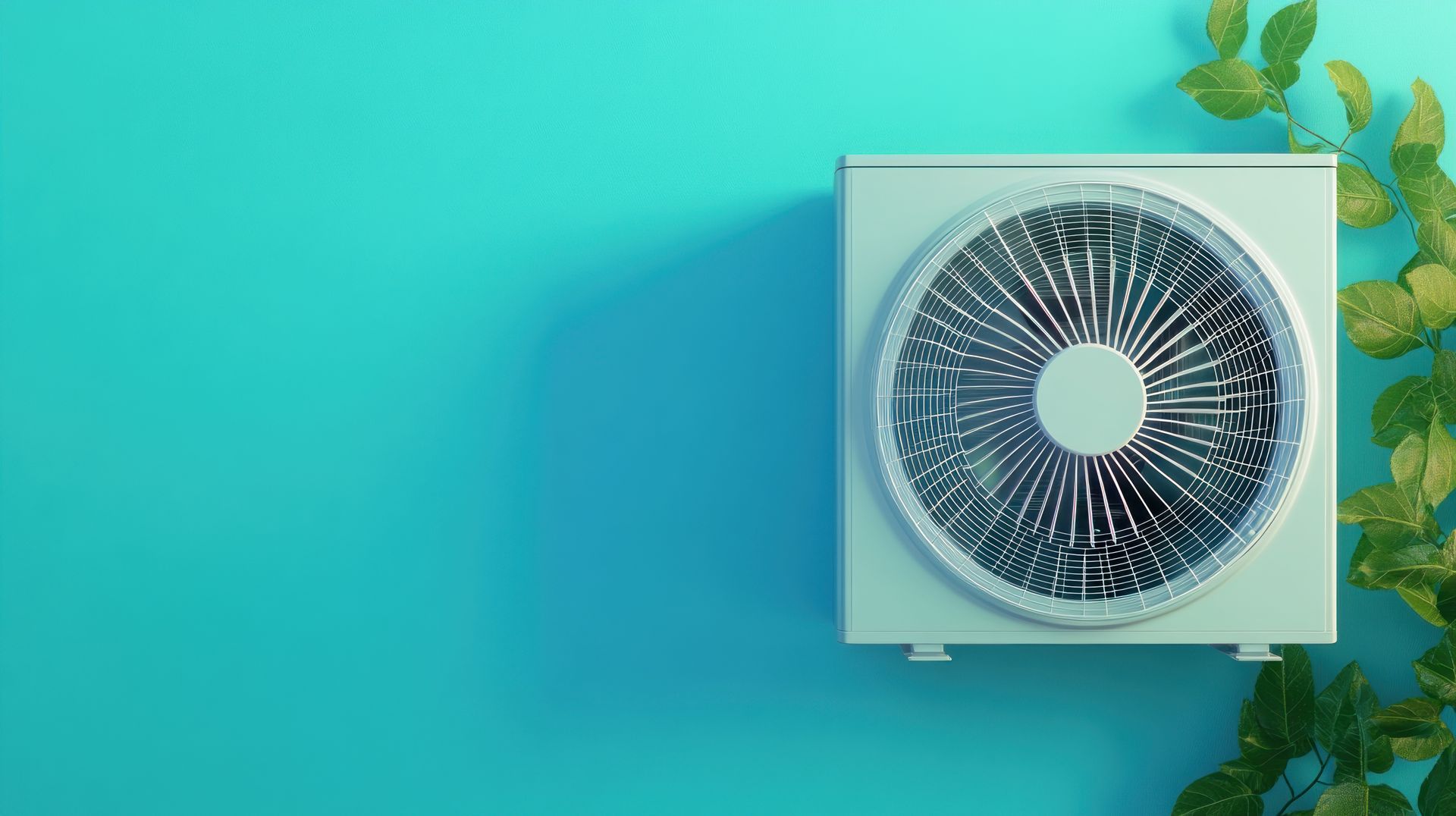 Un bloc extérieur de climatisation entouré de feuilles sur fond turquoise