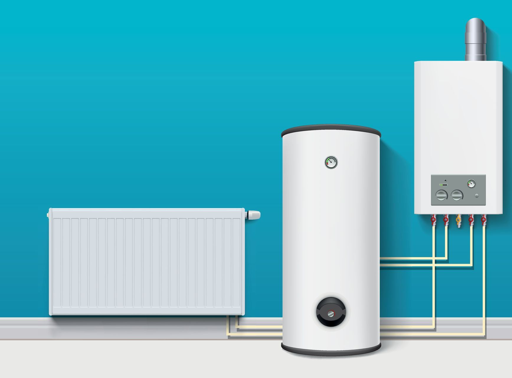Une pompe à chaleur air-eau raccordée à un radiateur et une chaudière