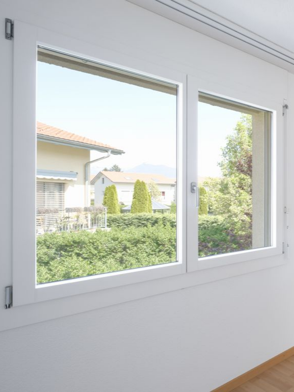 Fenêtre à cadre blanc avec vue sur une maison et de la verdure à l'extérieur.