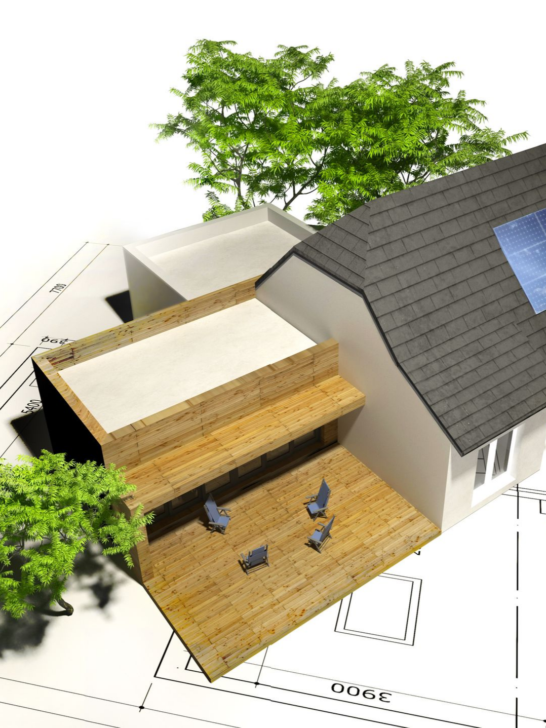 Maquette architecturale d'une maison avec terrasse en bois, sur des plans, avec des arbres en arrière-plan.