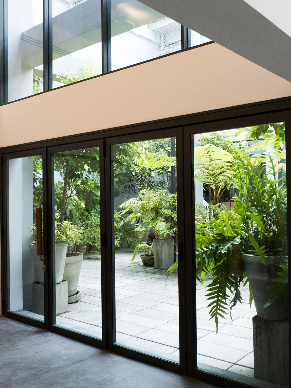 Les portes vitrées s'ouvrent sur une cour luxuriante avec des plantes en pot et de la verdure.