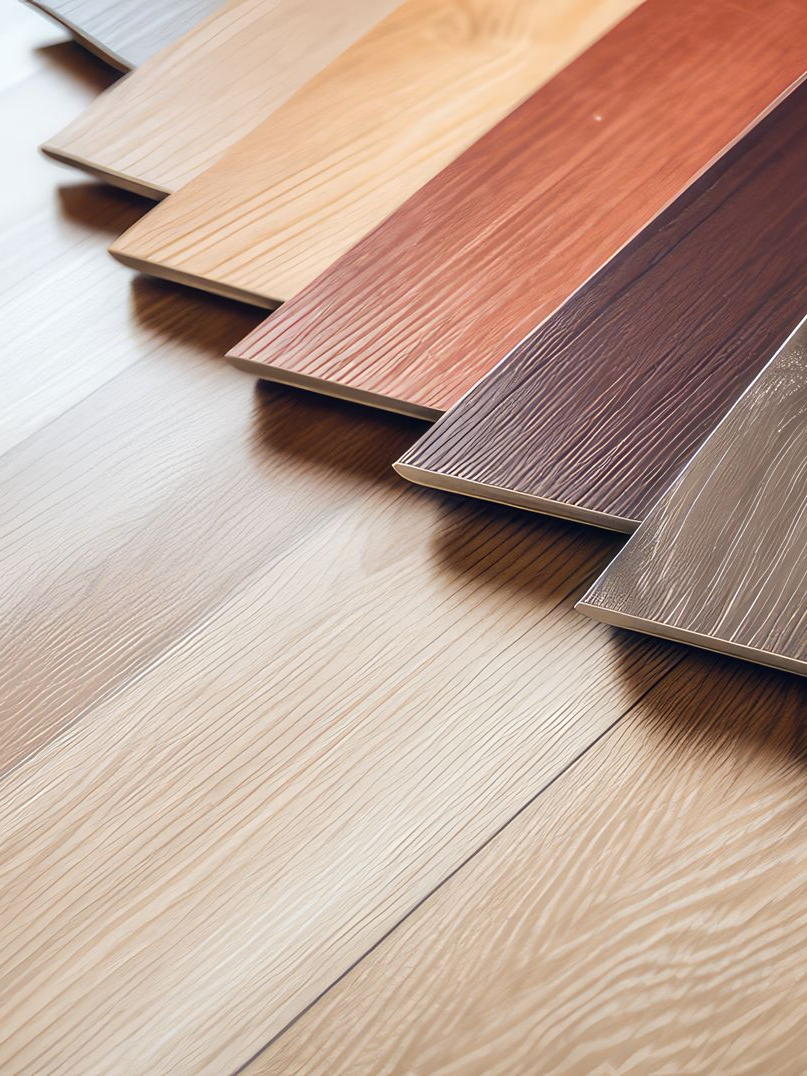 Échantillons de parquet en bois de différentes nuances, disposés en angle sur une planche de bois plus grande.