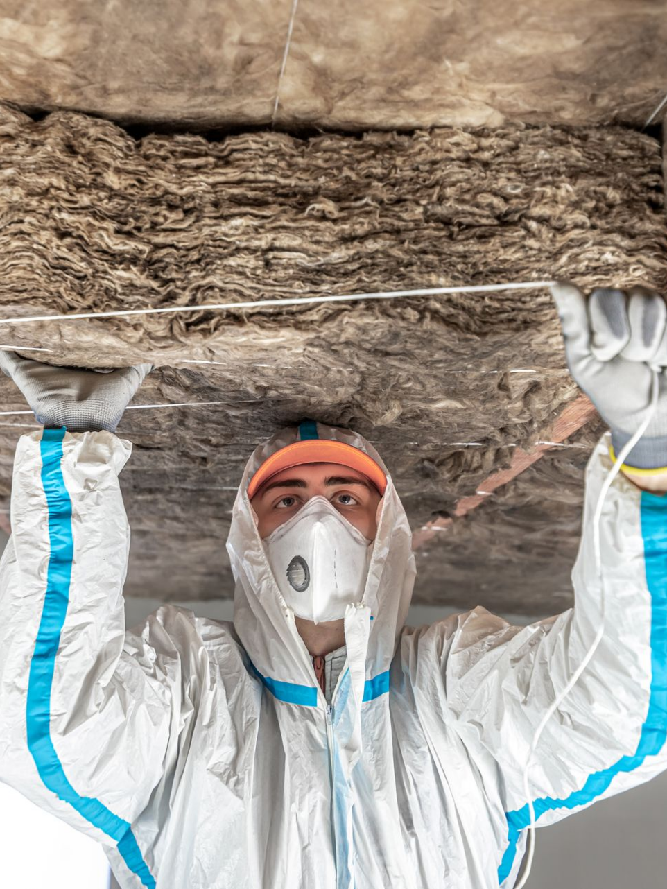 Personne portant une combinaison de protection et un respirateur inspectant l'isolation du plafond.