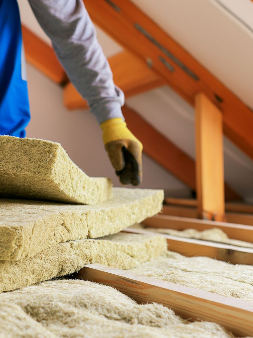 Personne installant de l'isolant dans un grenier, posant des matelas teintés de jaune entre des chevrons en bois.