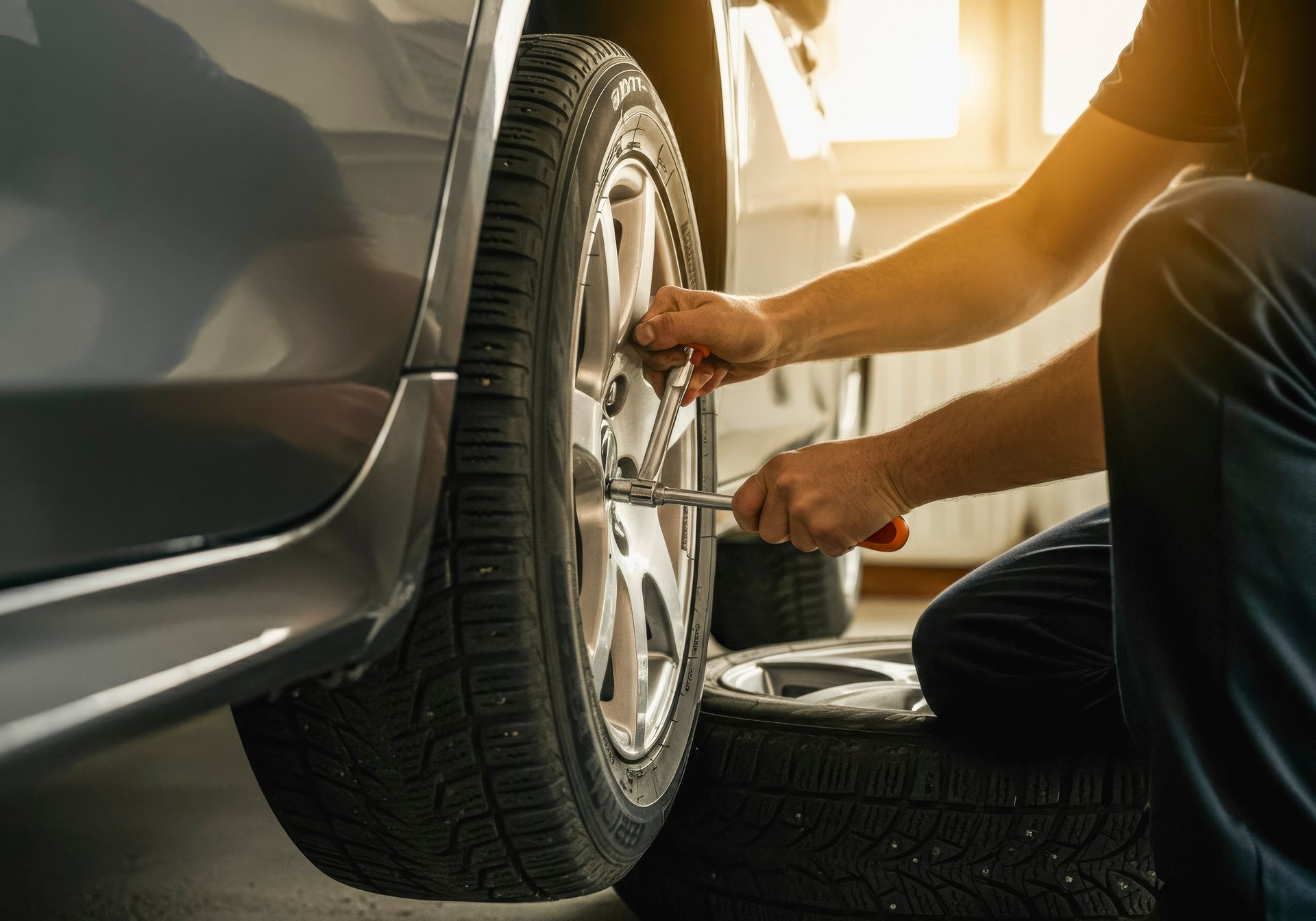 Ein Mann wechselt in einer Werkstatt einen Autoreifen.