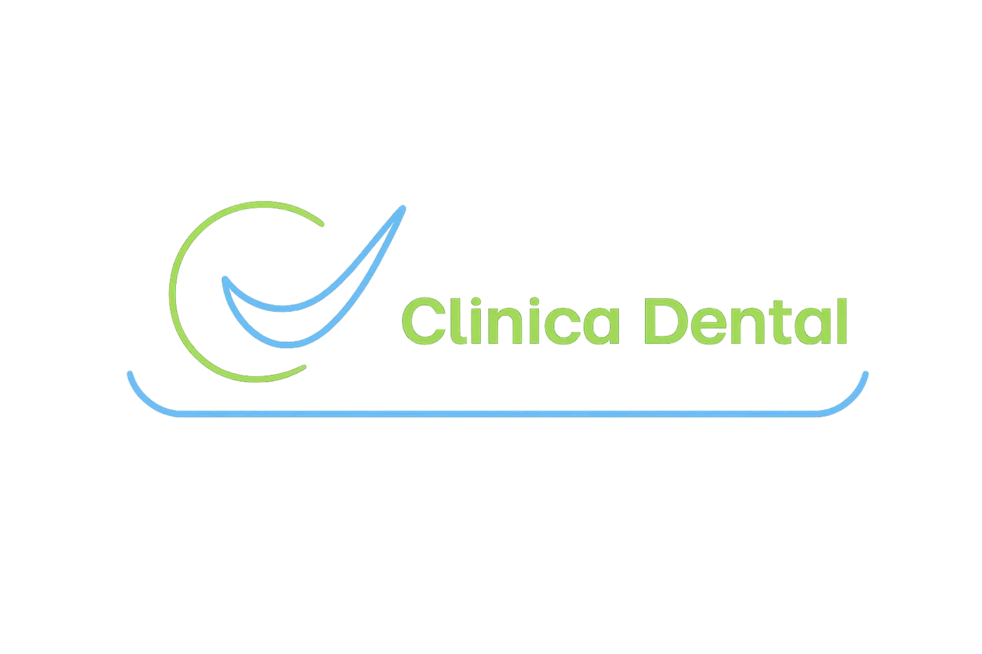 Logotipo de "Clínica Dental", verde y azul dentro de una forma redondeada, con texto.